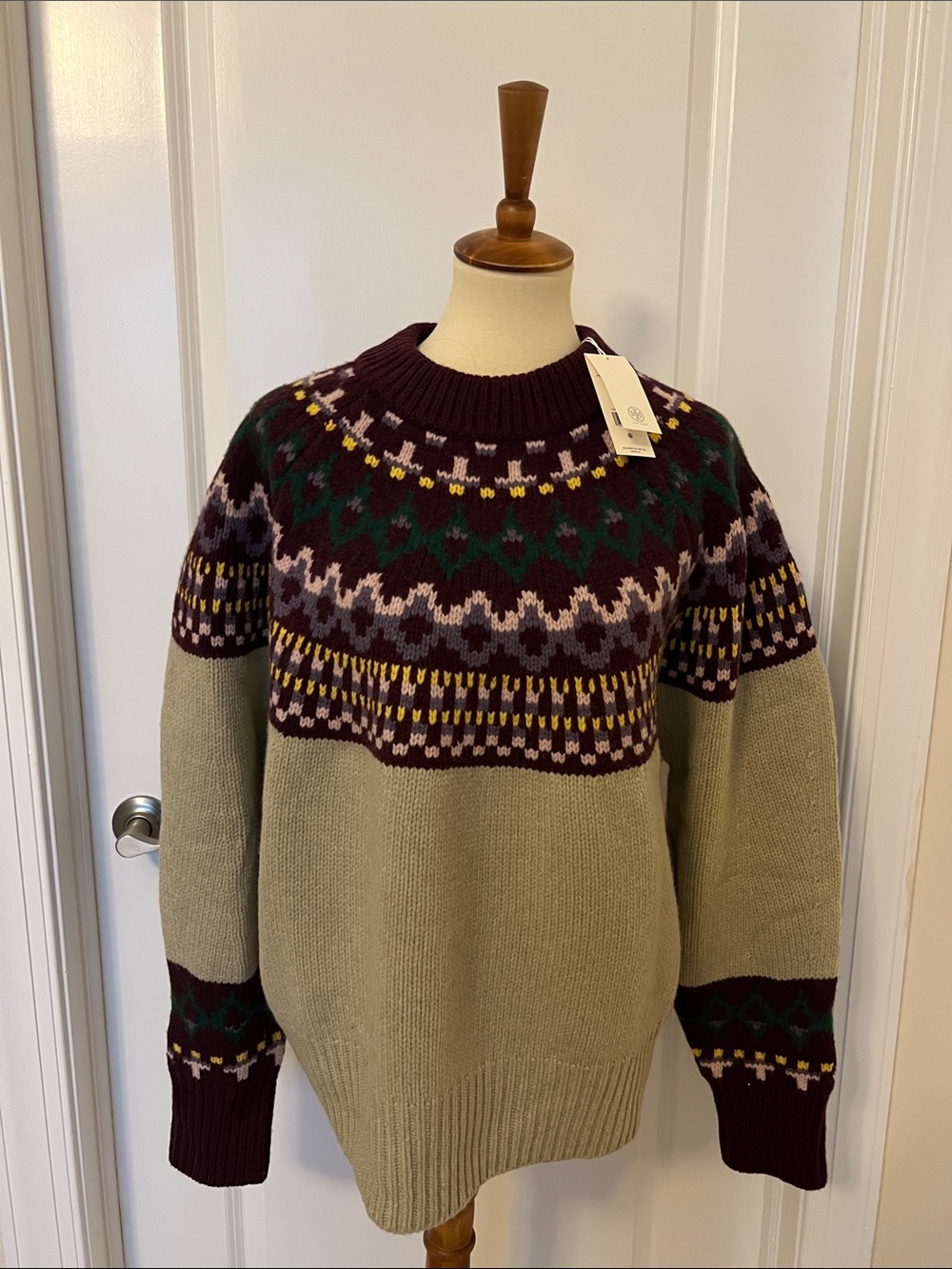 Tory Burch Olive Crewneck Sweater with Burgundy Fair Isle Yoke